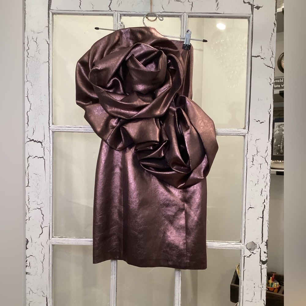 BNWT ZARA brown metallic voluminous rosette floral strapless mini dress size M